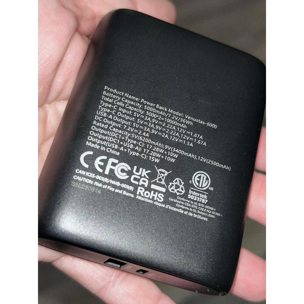 VENUSTAS-6000 - 6000mah - 7.4V DC Port - 5V type-c Port - Power Bank w/ - BLACK